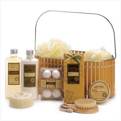 Vanilla Spa Bath and Beauty Products in a Bamboo Basket